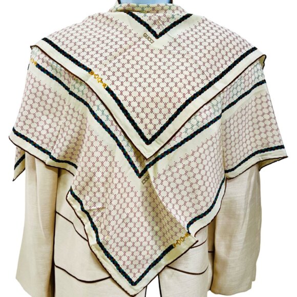 VGT  GUCCI Scarf f 00% Silk Satin 34" Ivery Brown Green Red Logo GG HandRoll(35 - Picture 1 of 11